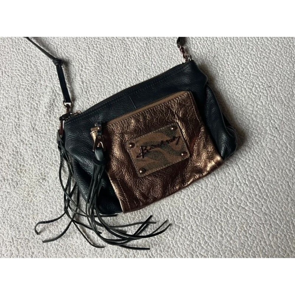 B. Makowsky Fringe Black & Gold Small Crossbody Bag Suede